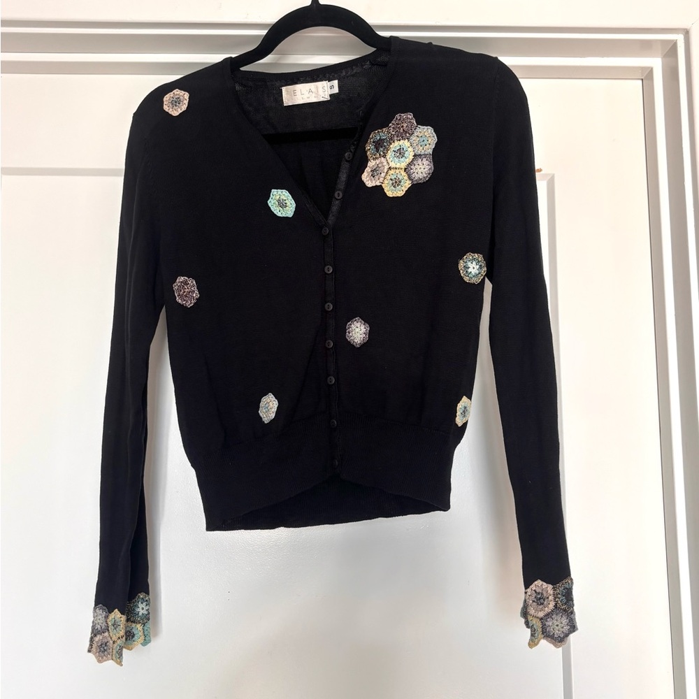 Vintage Y2K Relais Black Embroidered Snowflakes Cropped?  Cardigan Sweater Sz S